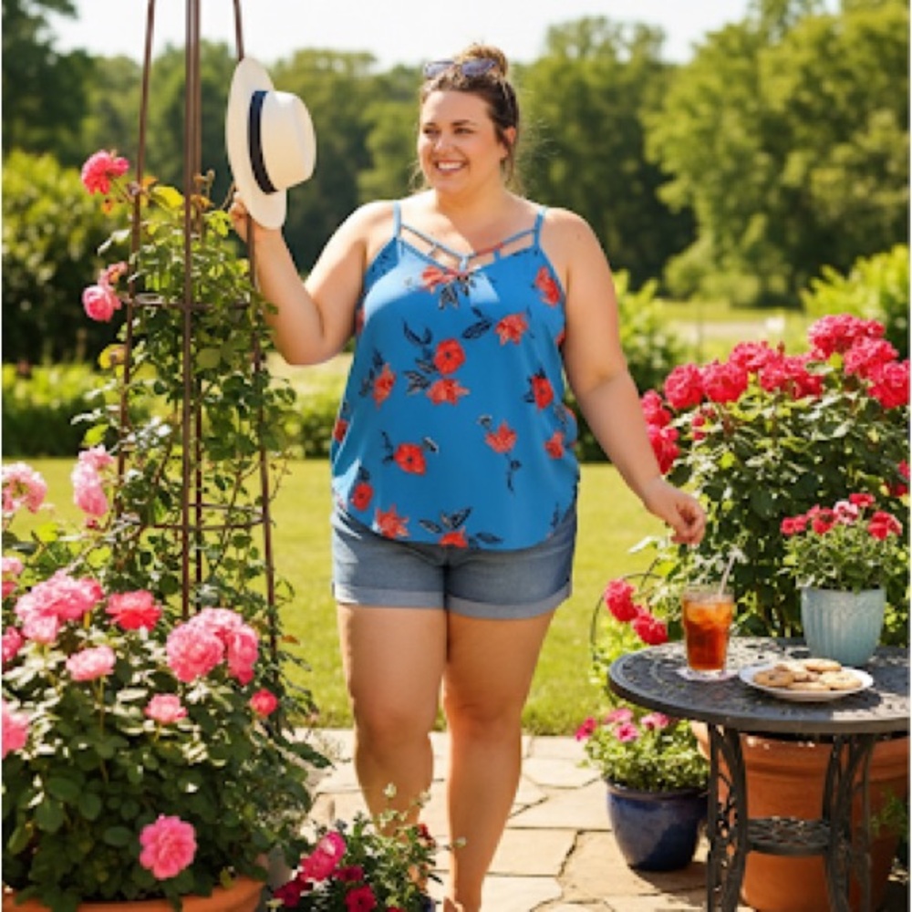 Maurices Plus Size 1X Blue Floral Strappy Cami Tank Top Sleeveless Boho Summer